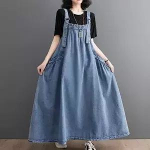 [애슬릿] 데님 버클 멜빵 오버롤 여성 나시 롱 원피스 (29416546A)