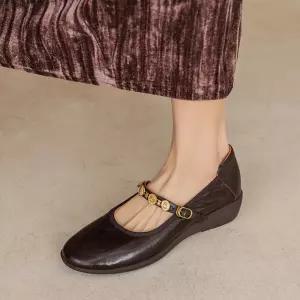 원더맨 면 여성 슈즈 배지 버클 패션 부드러운 양가죽 라운드 단화 웨지힐 데일리룩 펌프스 할머니 신발 발