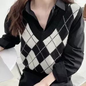 /옷자락 여자 브이넥 아가일 패턴 니트 조끼