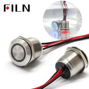 FILN 19MM 금속 스테인리스 스틸 12V 24V 110V 220V IP68 방수 평면 링 원형 푸시 버튼 스위치 20cm 와이어