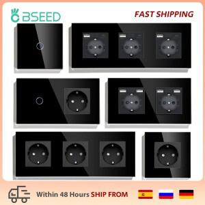 EU USB 벽 소켓이있는 BSEED 터치 라이트 스위치 검은 Led 123Gang 1Way 크리스탈 진한 파란색