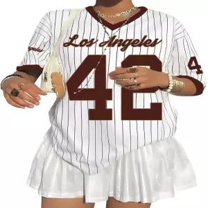 여성용 오버사이즈 저지 셔츠 Y2K 야구 스트라이프 숫자 그래픽 티 V 넥 캐주얼 스트리트웨어 상의