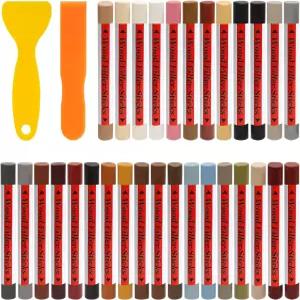 XLWJBES 30+2p 우드 필러 스틱 30가지 색상의 마커 가구 수리 왁스 크레용 스크레이퍼 2개 포함 터치 업