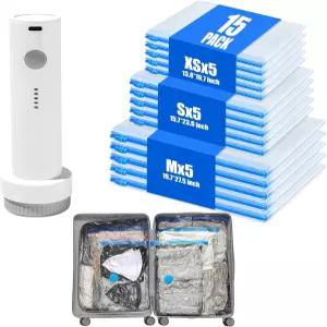 여행용 진공 보관 가방 - 수하물용 무선 전기 펌프가 포함된 15팩 압축 포장 의류용 밀봉 이동 공간 절약