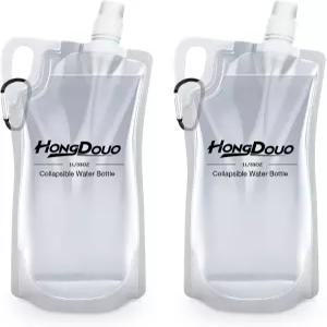 접이식 물병 2팩 등산용 물 플라스크 1리터 2리터 - 카라비너와 손잡이가 달린 33온스 BPA 프리 재사용