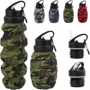 접이식 여행용 물병 18온스 체육관 캠핑 하이킹용 재사용 가능한 실리콘 럭비 카라비너가 포함된 휴대용