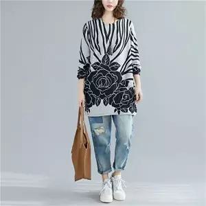 빅사이즈원피스 F79013 루즈핏 빅 로즈 플라워 롱 환펀 니트 티