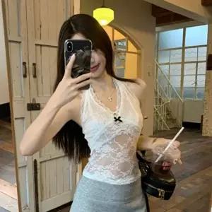 시스루티셔츠 여성 여름 섹시 홀터넥 시스루 레이스 크롭 이너탑