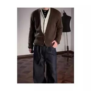 남성용 브이넥 니트 가짜 투피스 블랙 가디건 가을 쇼트 스웨터 KS3