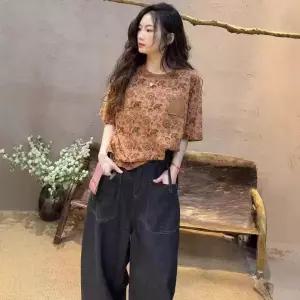 여성용 프린트티 빈티지 프린트 니트 디지털 반팔 여름 포켓 티셔츠 KS2