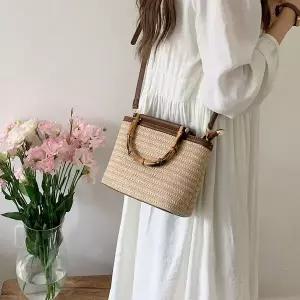 [골드스마일]대나무 핸들 여자 미니 토트백 밀짚 크로스백 라탄백