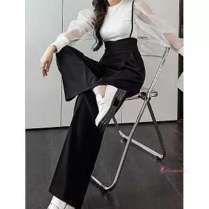 점프수트 바지 여름 멜빵 정장 와이드 코디 슈트 여성 끈점프 블랙klm987