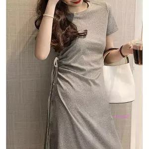 반팔원피스 검정 편한 여름 캐주얼 블랙 무지 40대 스트링 허리 셔링bcd202