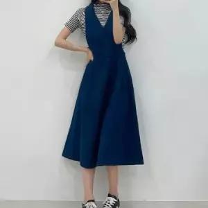 [캣츠원피스][캣츠원피스]데님 멜빵 뷔스티에 롱 원피스