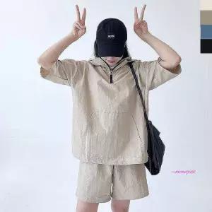 여자후드세트 트레이닝 집업세트 아노락 셋업 커플 반팔 반바지 오버핏 운동복 여성 반팔티pqr575