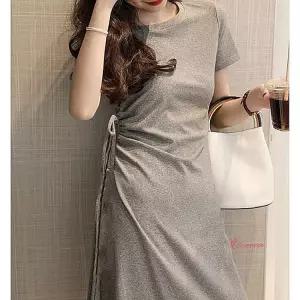 반팔원피스 40대 캐주얼 여름 블랙 검정 편한 무지 셔링 스트링 허리tuv659