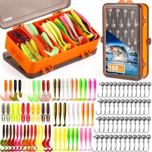플러스이노 낚시 미끼 태클이 포함된 108PCS 박스 패들 테일 수영 소프트 웜 크레이피 지그 헤드 장비 키트