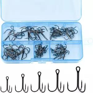 낚시용 트레블 훅 키트 - 고탄소강 50개 혼합 크기 2/4/6/8/10 소금물 및 담수 날카로운 후크 미끼 내구성