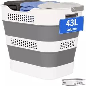 손잡이가 있는 접이식 세탁 바구니 43L 11.5갤런 플라스틱 팝업 톨 수납 용기/정리함/세탁용 의류 그레이