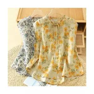 여성용 민소매 블라우스 여름 프린트 넥 버클 면마 니트 KS2