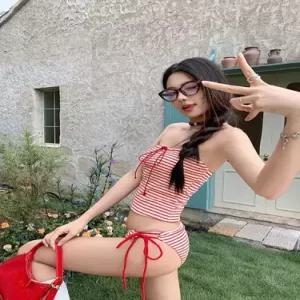 수피 여자 하계 바캉스 삼각 온천 비키니 스트라이프 수영복 바캉스룩 비치웨어 JEN2