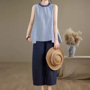여자 여름 빈티지 민소매티 루즈핏 스트라이프 민소매 줄무늬 블라우스 상의 KS2