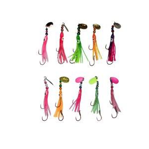 코코프로스 오징어 낚시 후치 10팩 - 미리 고정된 문어 갈고리가 달린 글로우 담수 코코니 연어 트롤링 미끼 스피너 블레이드, 낚시용 합성 스커트