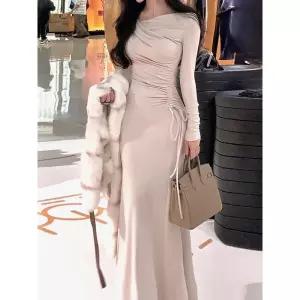 앤트맨 니트 원피스 스커트 크루넥 여성치마 날씬한 긴팔 조임 스트링 머메이드 힙스터 OPH1