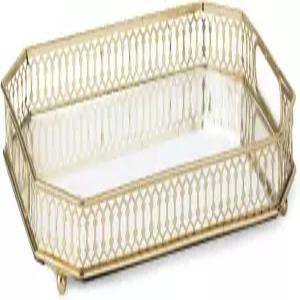 바 카트 트레이 손잡이가 달린 장식용 미러 대용량 정리함 골드