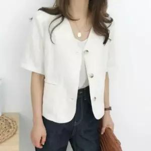 여자자켓 심플 데일리 노카라 디자인 반팔 린넨 자켓
