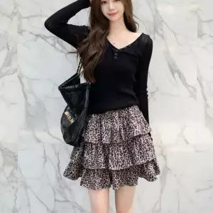 [하프클럽/]여성 귀여운 일상용 레오파드 프릴 미니 스커트