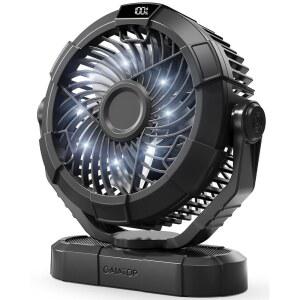 LED 랜턴이 장착된 가이아탑 휴대용 캠핑 팬, 파워 디스플레이 360 헤드 회전, 텐트용 걸이, 3단 조용한 충전식, 4000mAh 배터리로 작동하는 실내 야외 여행용 USB 팬 블랙