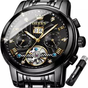 OLEVS 남성 자동 시계 골격 5 핸즈 기계식 클래식 럭셔리 멀티 캘린더 스테인리스 스틸 방수 손목시계