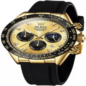 OLEVS 남성용 아날로그 쿼츠 방수 시계 다기능 크로노그래프 다이아몬드 문페이즈 야광 실리콘 밴드
