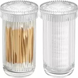 욕실용 큐팁 홀더 뚜껑이 있는 투명 유리 약병 2팩 화장실 용기 면봉 치실 픽 헤어 타이 세면대 정리함 및