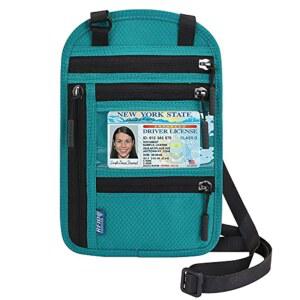 여행용 푸우직시 여권 홀더, RFID 파우치 넥 지갑, 여성 및 남성용 방수 레이크 블루