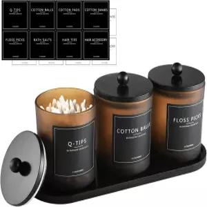 큐팁 홀더 욕실 세트 3팩 면 볼 면봉 패드 트레이 포함 원형 치실 픽 디스펜서 뚜껑이 있는 유리 약병