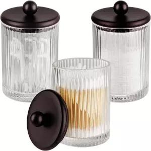 코마셔 3팩 유리 큐팁 홀더 디스펜서 세트 - 매트 블랙 메탈 뚜껑이 있는 코튼 볼 면봉 치실 픽 메이크업