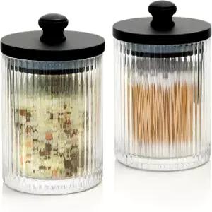 메이슨 페이블 리브드 유리 욕실 병 밀폐된 검은색 나무 뚜껑이 있는 농가 스타일 수납 용기 2개 세트 면