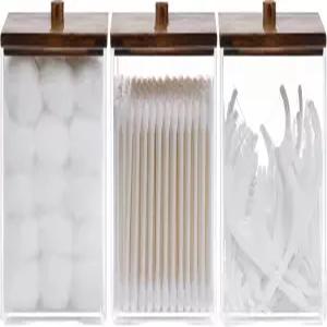 티베스트맥스 3팩 큐팁 홀더 - 12온스 욕실 정리함 및 보관 용기 면봉 치실용 검은색 대나무 뚜껑이 있는
