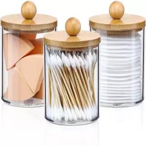 DIYOHFE 3PCS 아크릴 큐팁 디스펜서 홀더 나무 뚜껑 투명 욕실 원형 조리대 보관 용기 면봉 패드 목욕 소금