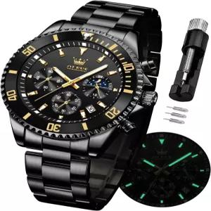 남성용 OLEVS 시계 스테인리스 스틸 아날로그 쿼츠 크로노그래프 달 위상 방수 날짜 빛나는 손목 선물