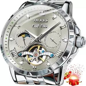 OLEVS 남성 자동 시계 럭셔리 드레스 다이아몬드 셀프 와인딩 스켈레톤 투어억 스테인리스 스틸 오리지널