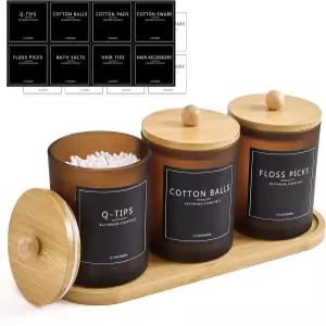 트레이 포함 3팩 큐팁 홀더 욕실 세트 13.5온스 코튼 원형 볼 패드 면봉 치실 픽 디스펜서 뚜껑이 있는