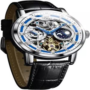 OLEVS 남성 스켈레톤 시계 자동 감기 달 페이즈 드레스 럭셔리 가죽 스트랩 방수 야광 손목시계