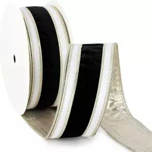메이릴 2.5인치 크리스마스 벨벳 리본(와이어드 엣지 포함) 블랙 앤 화이트 더블 컬러 10야드 롤 클래식