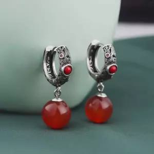 S925 오리엔탈 10mm 홍마노 길상운 구름 엔틱 드롭 이어링
