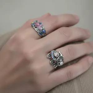 써지컬 실버 전통 공예 칠보 코끼리 꽃 민화 행운 오픈 링