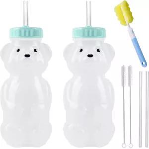 허니 베어 빨대 컵 주스 병 음료 유연한 4개와 청소 도구가 포함된 긴 말하기 및 먹이 주기 훈련을 위한