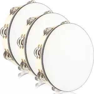 교회 결혼식 파티를 위한 10인치 탬버린 나무 드럼 천연 핸드헬드 3개 더블 메탈 징글 악기 타악기 연주